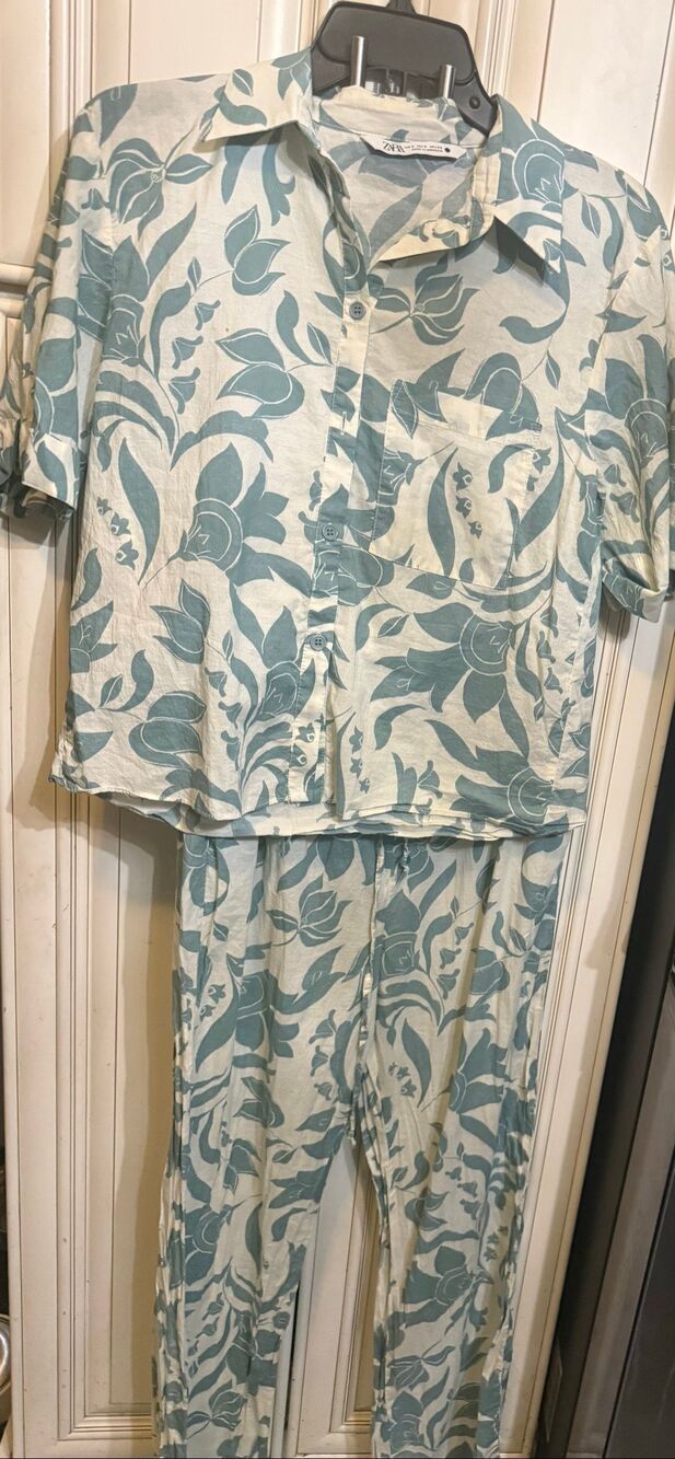 Zara Women's Printed Cotton Shirt & Pants Outfit Set Green Cream Small